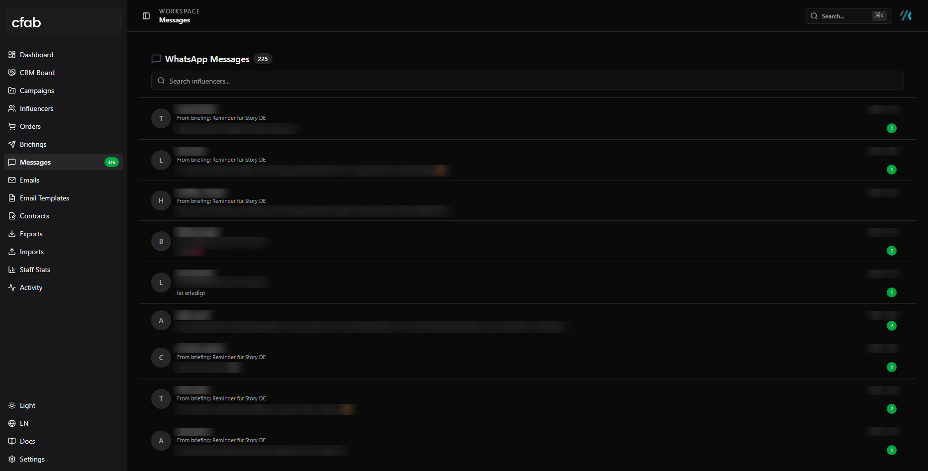 cfab integrated WhatsApp & email inbox