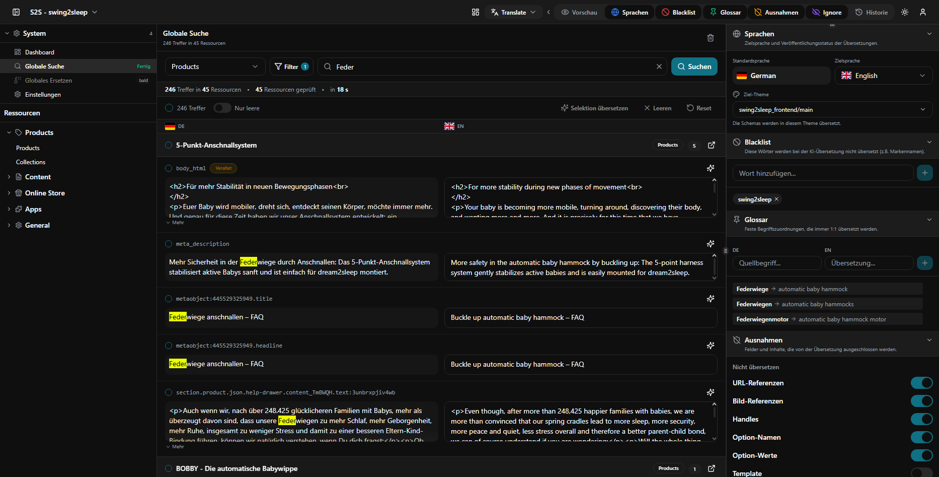 Global search across every language and field value, with deep links straight into the editor