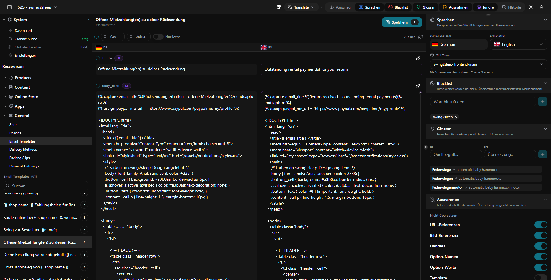 Notification email templates translated field-by-field, keeping Liquid variables and HTML intact